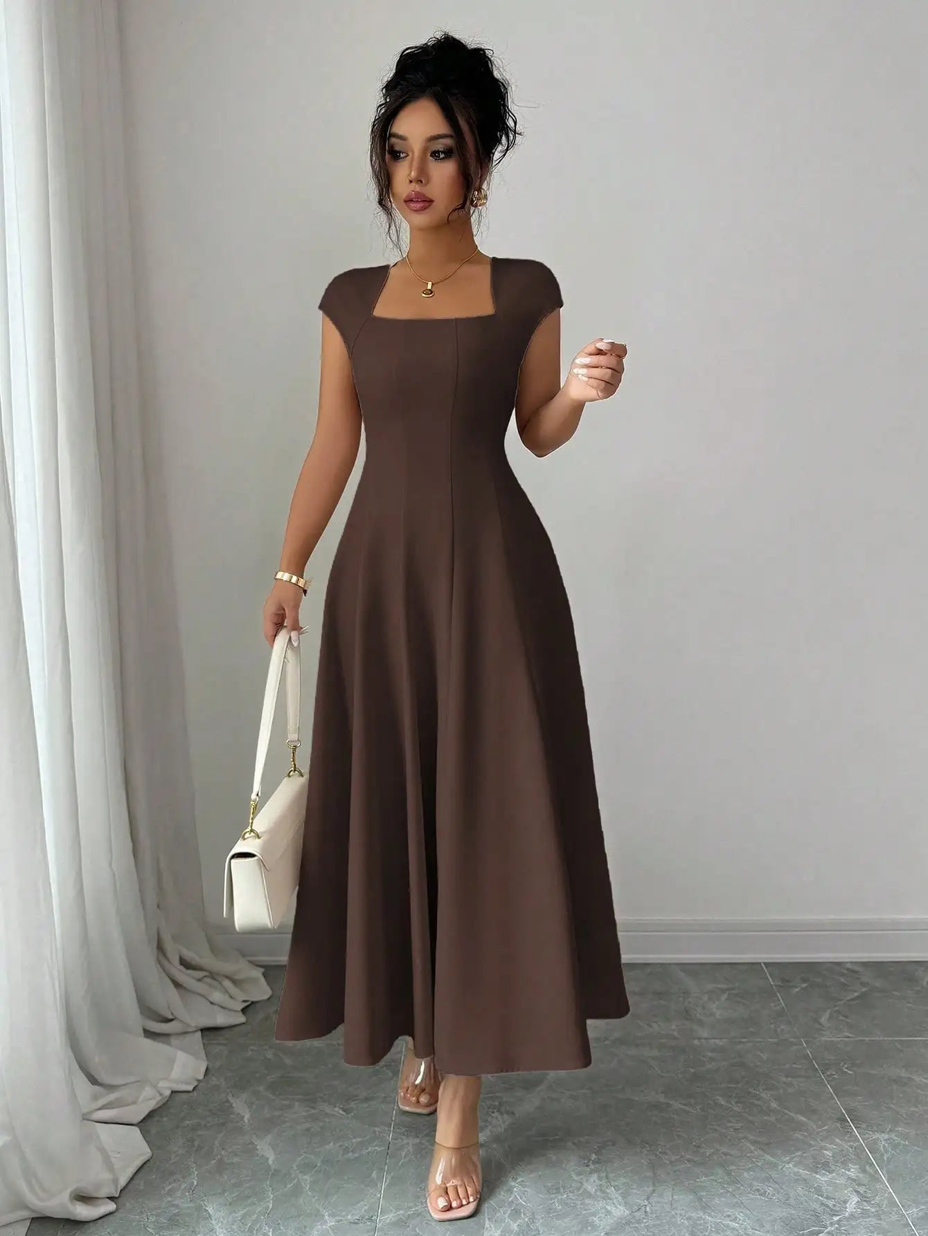 Elegant Solid Color Square Neck Short Sleeve A-Line Midi Dress For Women