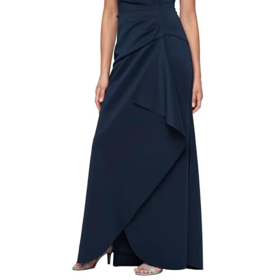 Women's Sleeveless Stretch Scuba Crepe Mother of the Bride Dress with Tucked Waist and Cascade Detail Skirt