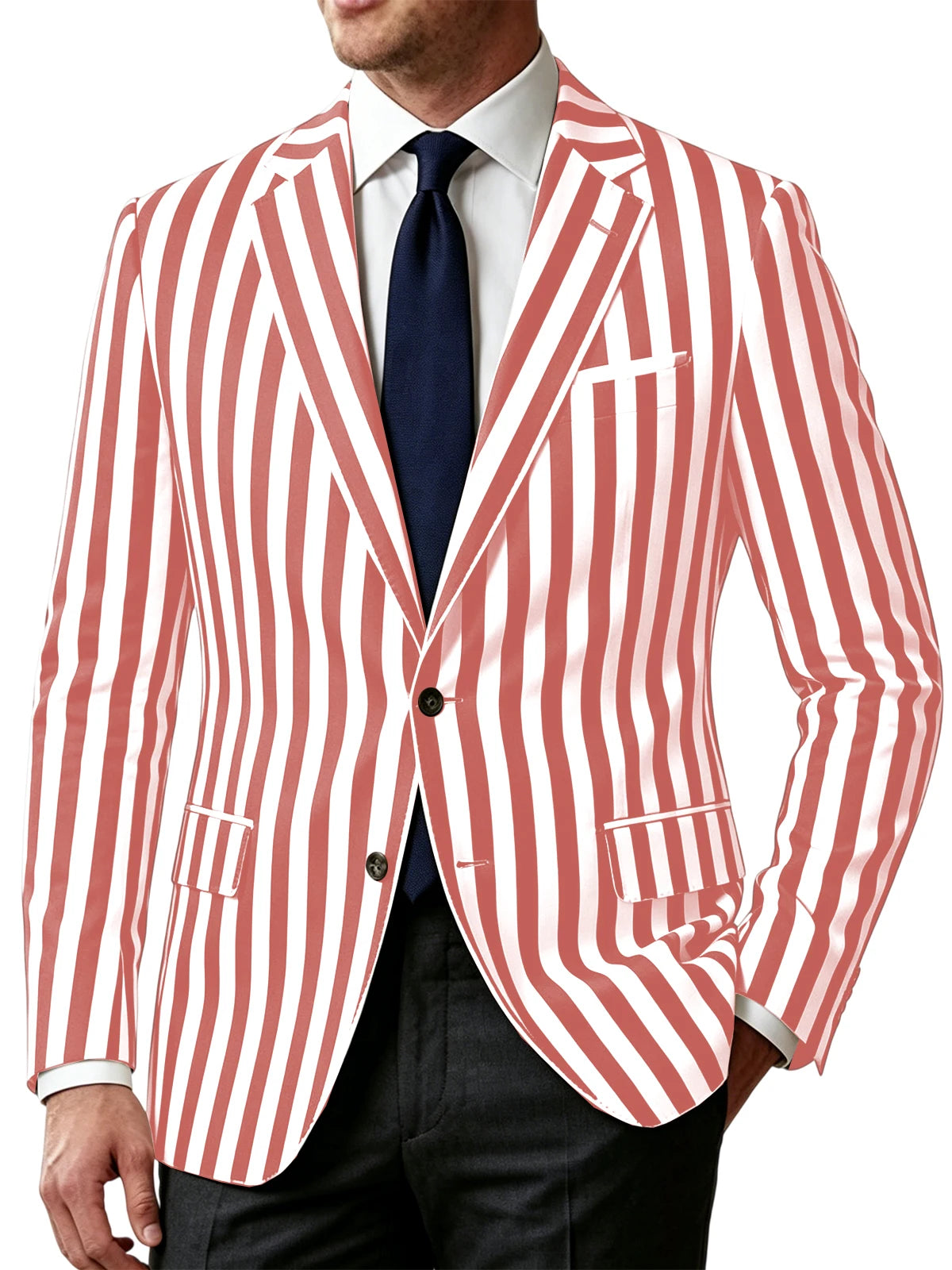 Men's Vertical Striped Blazer Slim Fit Single Breasted Casual Business Sport Coat Lightweight Formal Jacket For Office Wedding