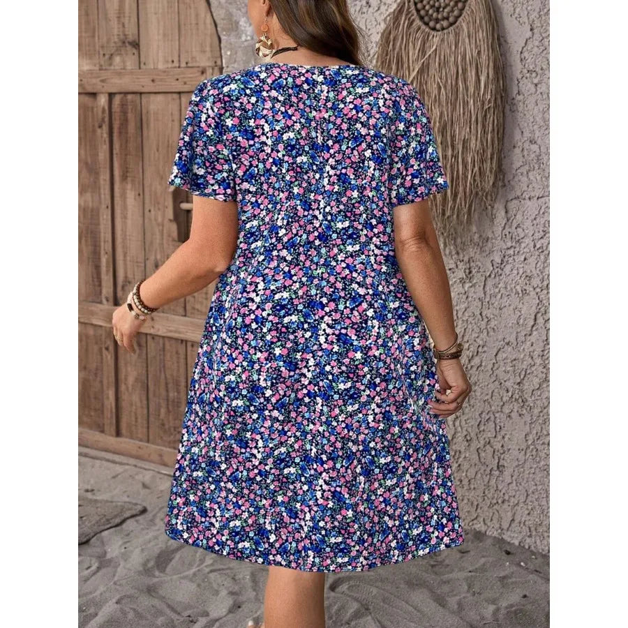 Ditsy Floral Round Neck Short Sleeve Ruffle Dress For Women