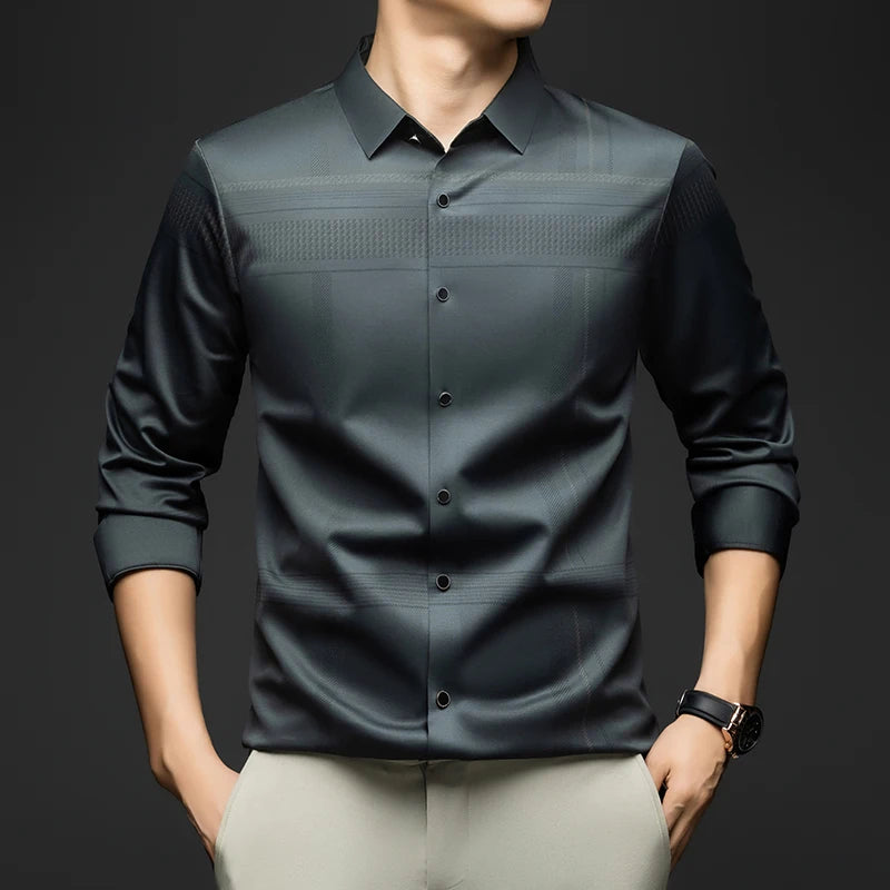 BROWON Long Sleeve Man Shirt Solid Color Business Slim Work Shirt Man 2026 Autumn New Casual Striped Print Shirt Men's Wear