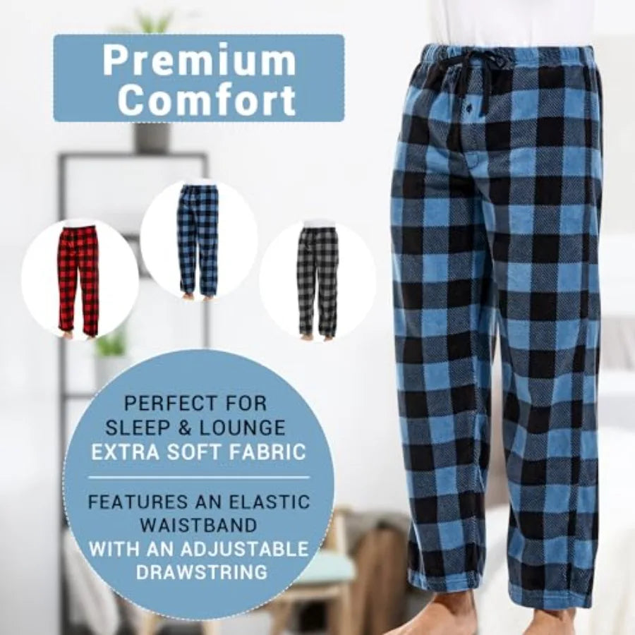 1Pack or 3Pack Mens PJ Pajama Pants Bottoms Fleece Lounge Pants Sleepwear Plaid PJs with Pockets Microfleece