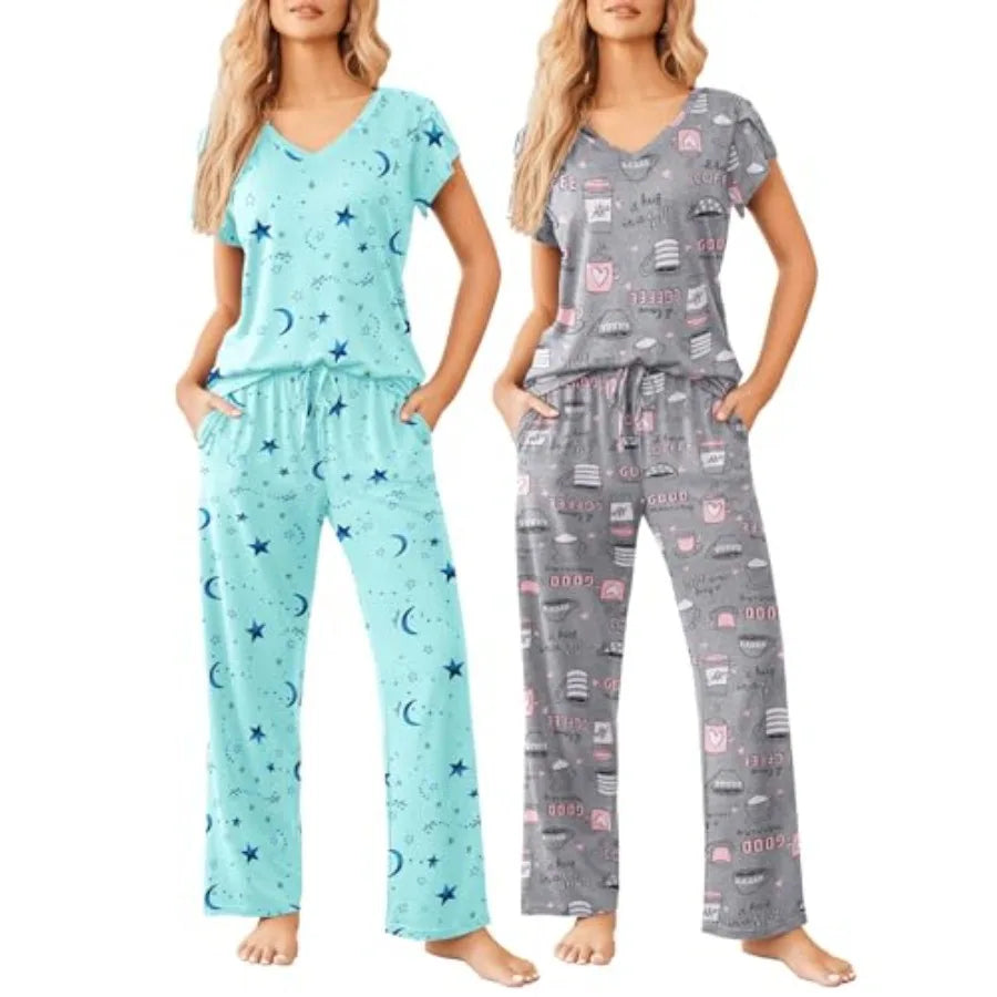 Ekouaer 2 Pack Womens Pajamas Short Sleeve Sleepwear Top with Pants Super-Soft Printed Lounge Sets S-XXL