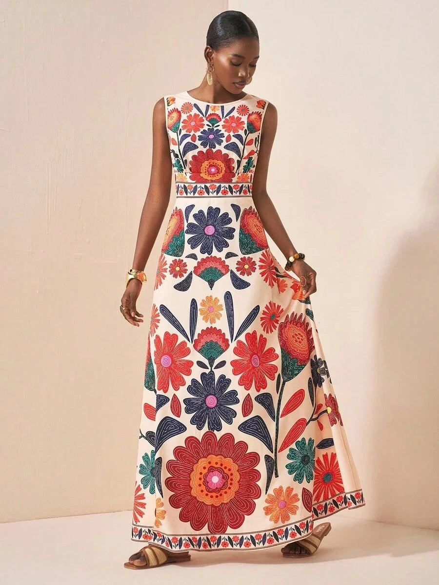 Women Floral Embroidery Maxi Dress Sleeveless Round Neck A-Line Long Dress Summer Beach Wedding Guest Holiday Party Dresses