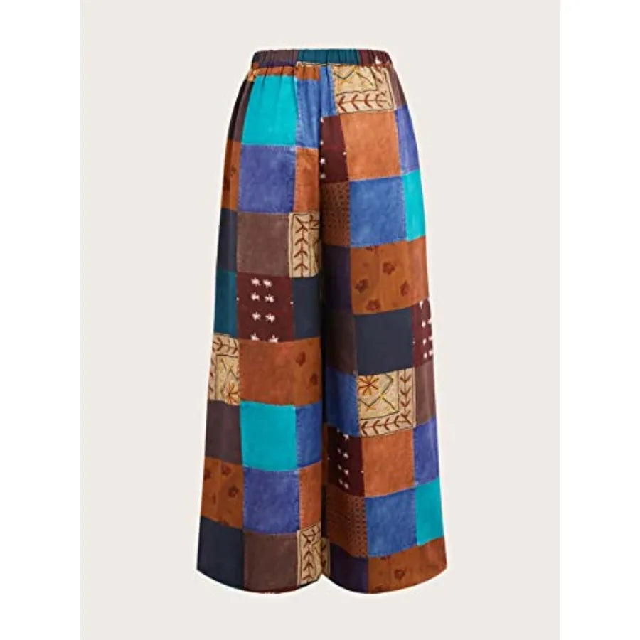 WDIRARA Women's All Over Print Patchwork Wide Leg Hippie Elastic High Waist Boho Pants