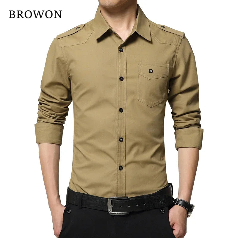Browon Mens Casual Military Style Epaulet Cotton Shirt