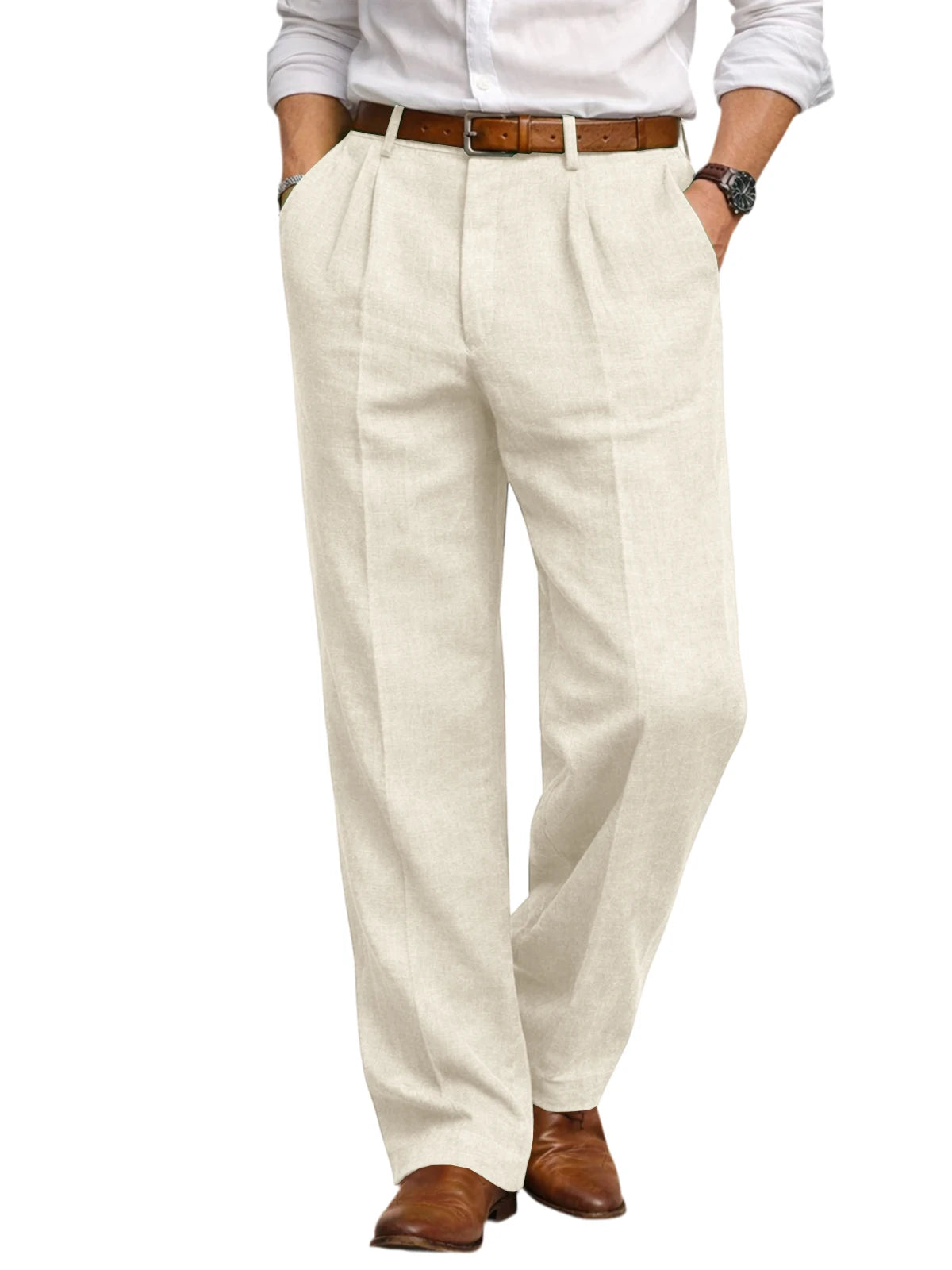 Men's Summer Linen Suit Pants High Waist Pleated Wide Leg Casual Trousers Business Formal  Breathable Loose Fit Straight Pants