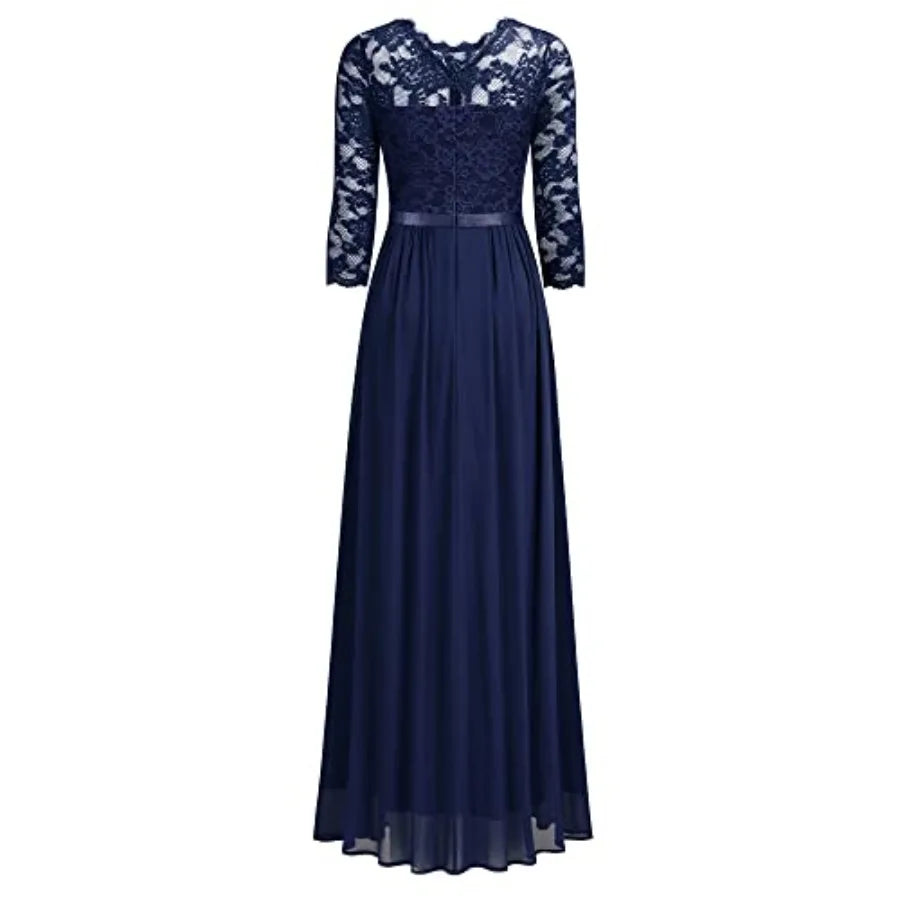 Women's Elegant Floral Lace 3/4 Sleeve Bridesmaid Formal Maxi Dress