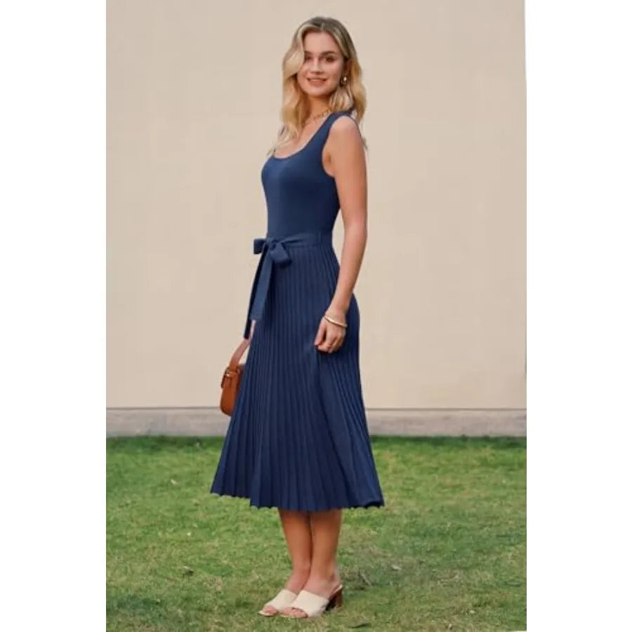 ArachandCloz Women's Wool Blend Square Neck Tie Waist Pleated Summer Sweater Dress 2026