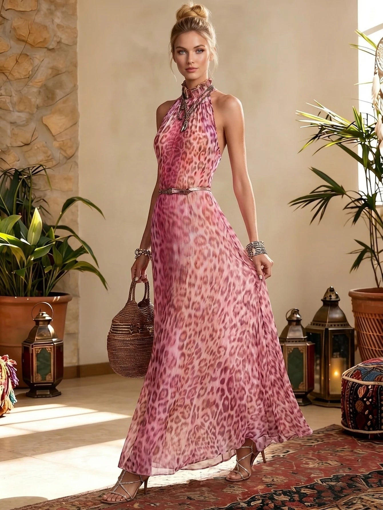 Women's Halter Sleeveless Leopard Print Flowy Maxi Dress For Travel Vacation Outdoor Weekend Casual Fashion Occasions