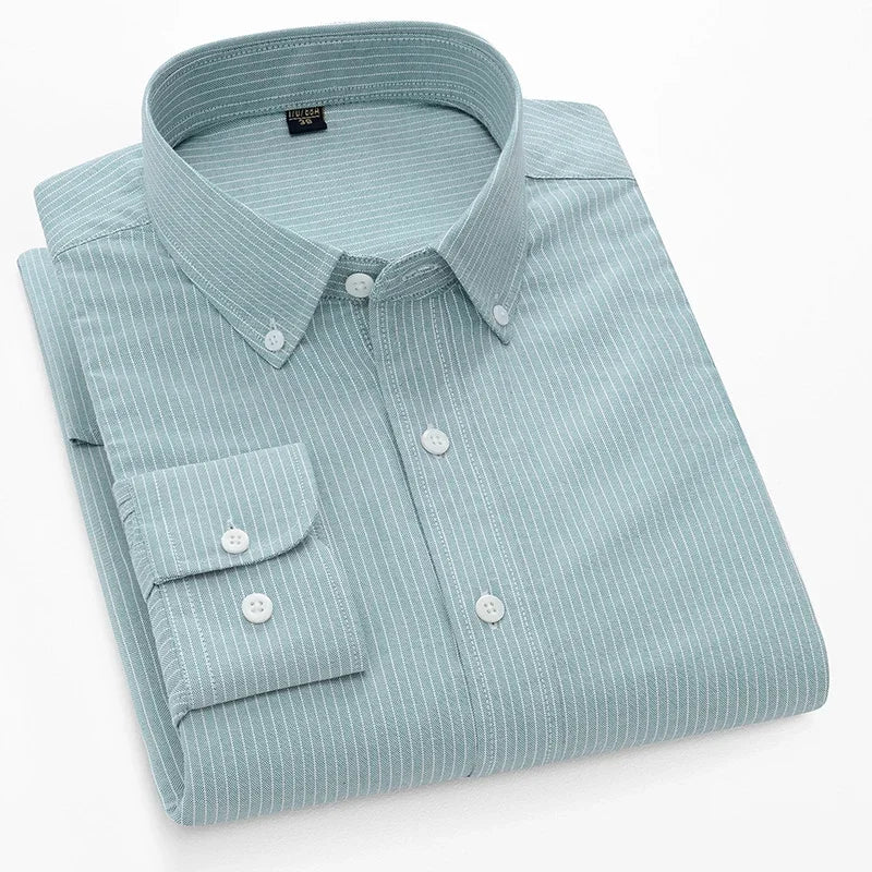 BROWON Men Long Sleeve Cotton Oxford Striped Dress Shirt