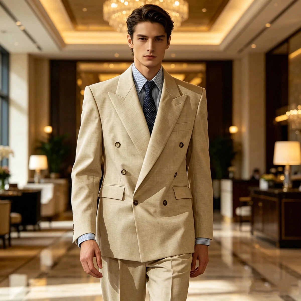 Men's Linen Suit Set Double Breasted 2 Pieces Peak Lapel Oversized Breathable Soft Formal Jacket Pants Outfit Business Casual