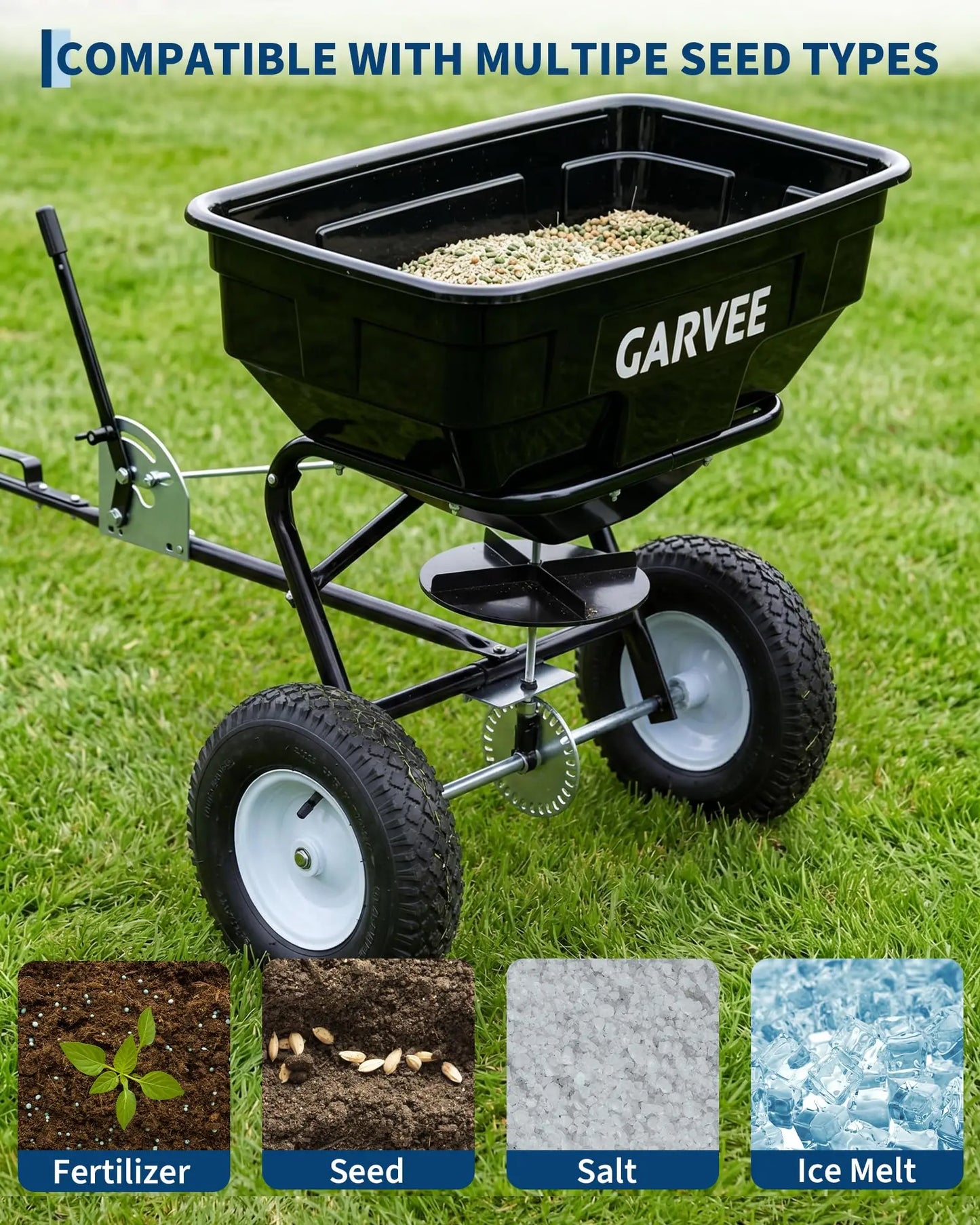 130LBS Universal Tow Push Garden Broadcast Spreader 10FT Lawn Seed Fertilizer Salt Spreader 13in Pneumatic Tires ATV Tractor Fit