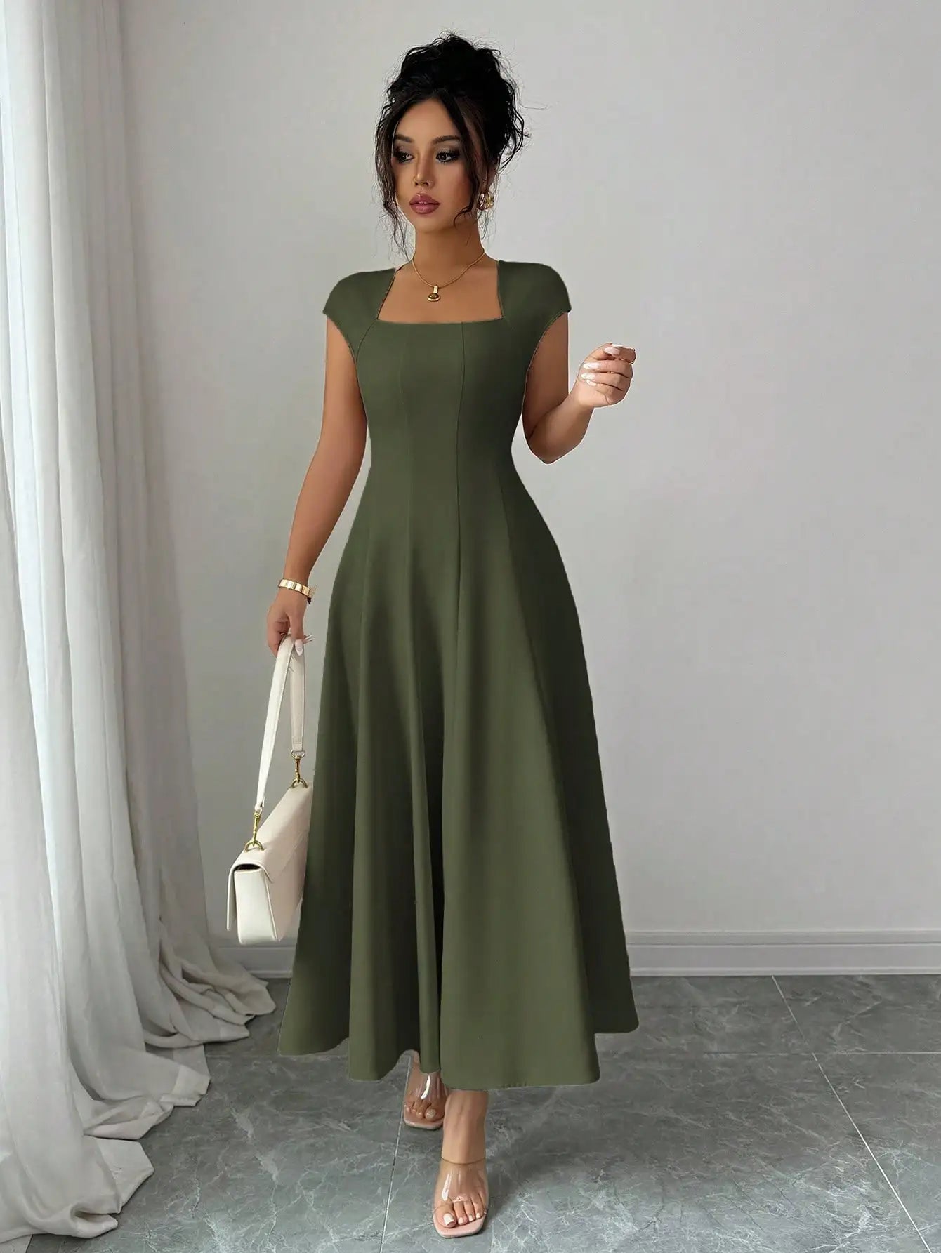 Elegant Solid Color Square Neck Short Sleeve A-Line Midi Dress For Women