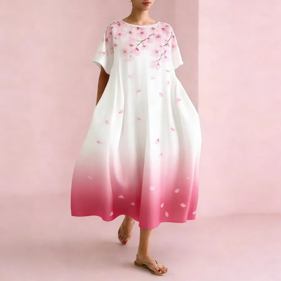 2026 European and American vacation style hit watercolor flower print dress loose mid-length dress