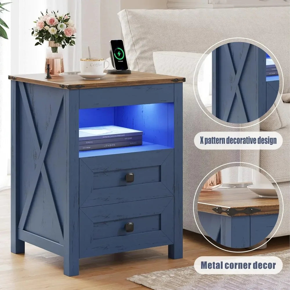 LED Nightstand with Gun Drawer: Bedside Table with Charging Station for Bedroom Furniture – Farmhouse Night Stand, Customized