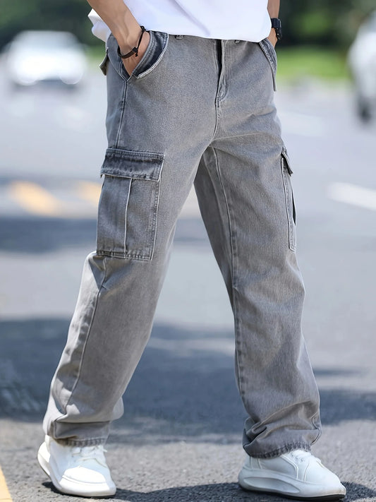 Men's Multi Pocket Denim Work Pants With Large Capacity Pockets