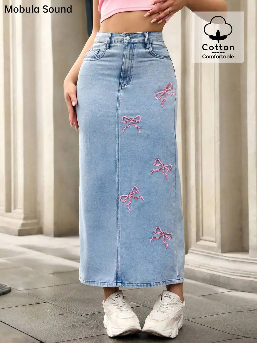 Cute Pink Bow Embroidered Bodycon Denim Midi Skirt for Women