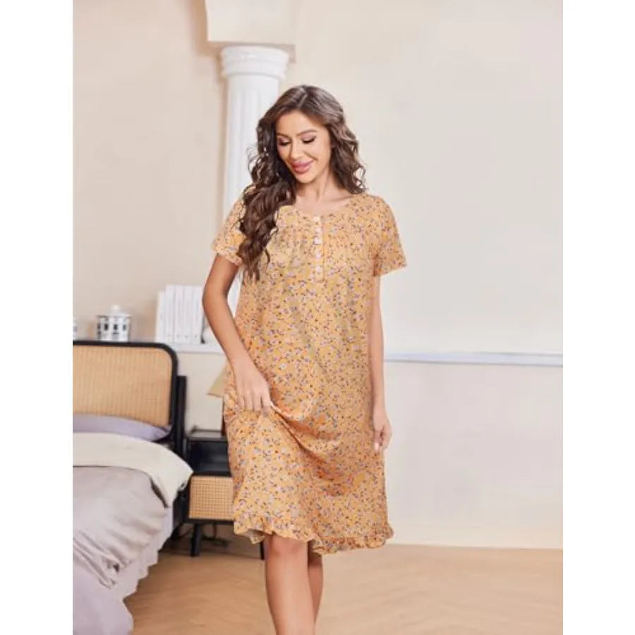 Ekouaer Nightgowns for Women with Pockets Button Front Short Sleeve House Dresses Floral Print Mumu Dress