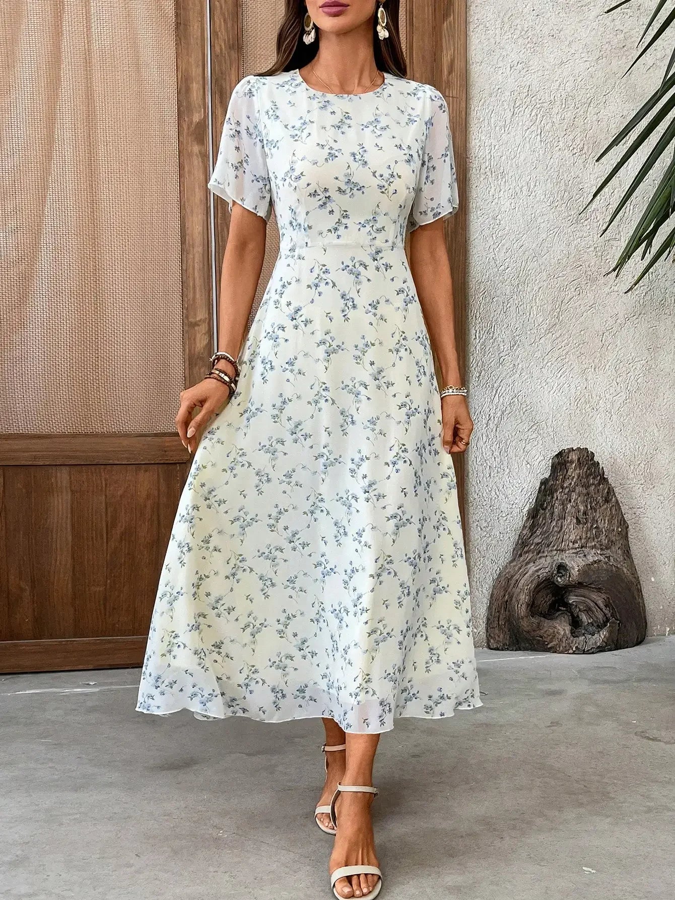 Elegant Ditsy Floral Round Neck Short Sleeve Mid-Calf Dress For Women Summer