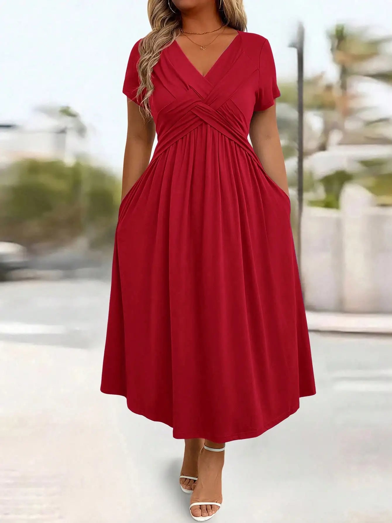 Casual Solid Color Twist Front A-Line Midi Dress For Women