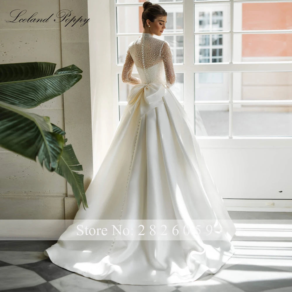 Lceland Poppy Customized A Line Satin Wedding Dresses Full Sleeves Long Sleeves Beaded Lace Bridal Gowns with Removable Jacket