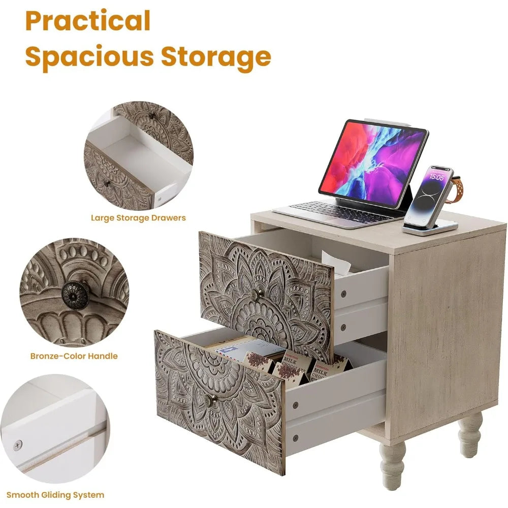 White Nightstand with 2 Drawers, Lotus Flower Carved Wood Bedside Table, Small Nightstand Side Table, Easy Assembly, Customized