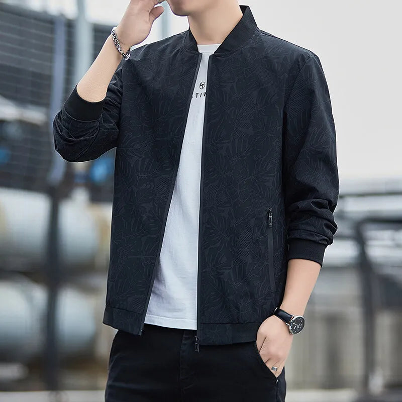 BROWON Business Casual Mens Jacket 2026 Spring Standing Collar Print Coats Men Autumn Fashion Long Sleeve Outdoor Men Clothing