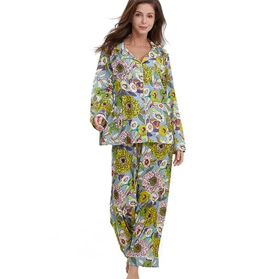 YiNi LuLu Womens Silk Satin Pajamas Set Button Down 2 Pcs Pjs Long Sleeve Oversized Sleepwear with Pockets