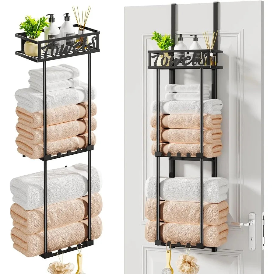 Towel Rack Bathroom Storage - 3 Tier Over The Door & Wall Mounted Rolled Towel Racks Holder Organizer With Metal Shelf An