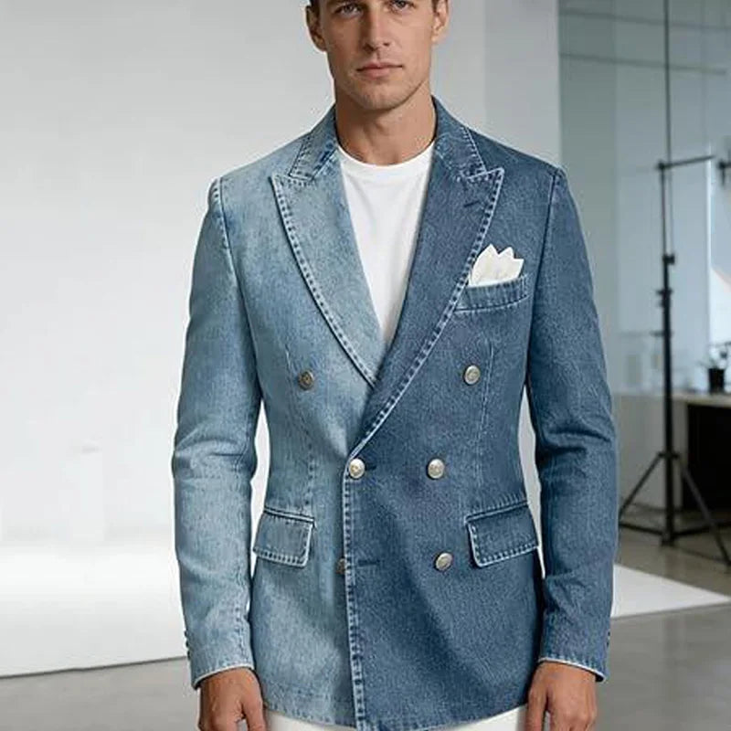 Denim Men's Suit Jacket Double Breasted Peak Lapel Slim Fit Casual Blazer Outing Date Night Trendy Party Fashion Costume Homme