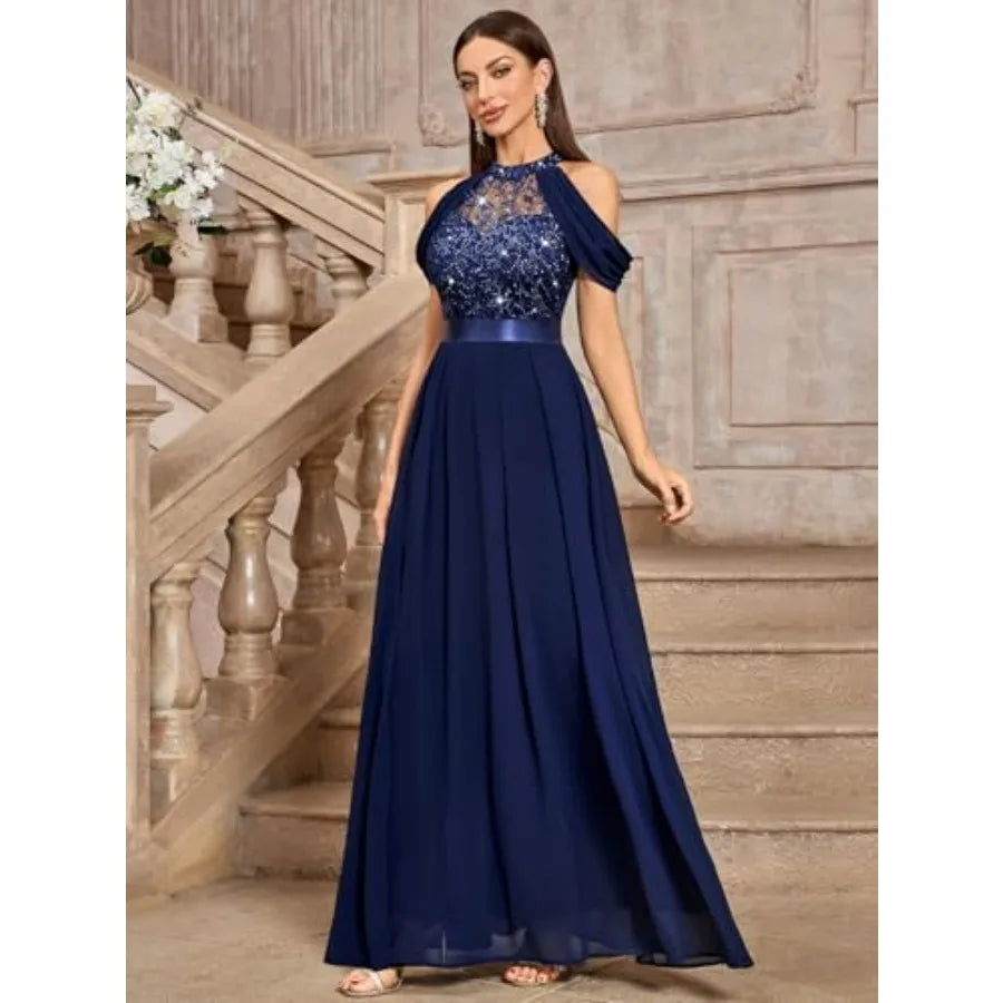 Women's Classic Lace Sleeveless Sequin Contrast Chiffon Bridesmaid Maxi Dress