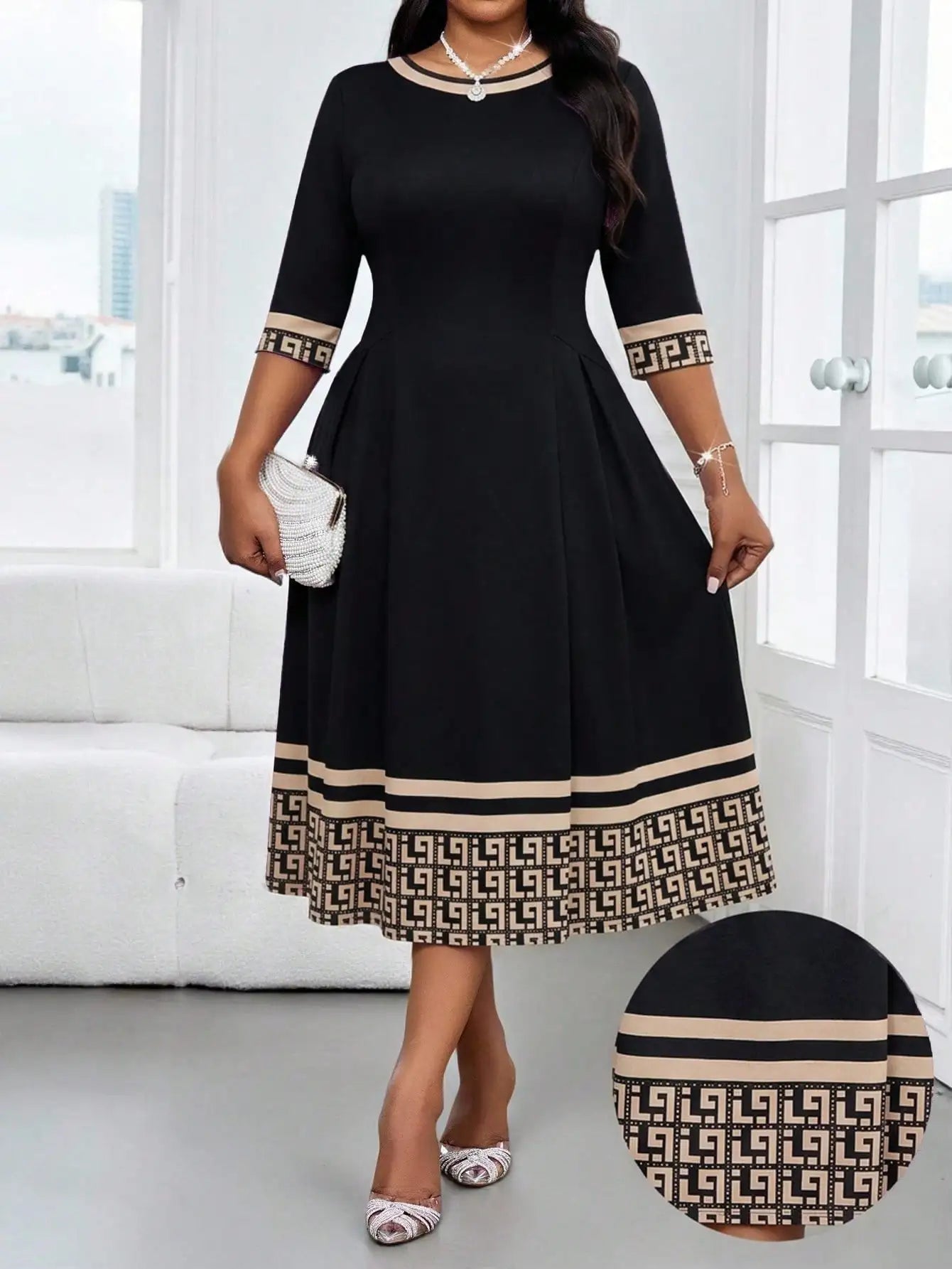 Elegant Color Block Striped Midi Dress Knee Length Black And Pink Women Spring Summer Outfit