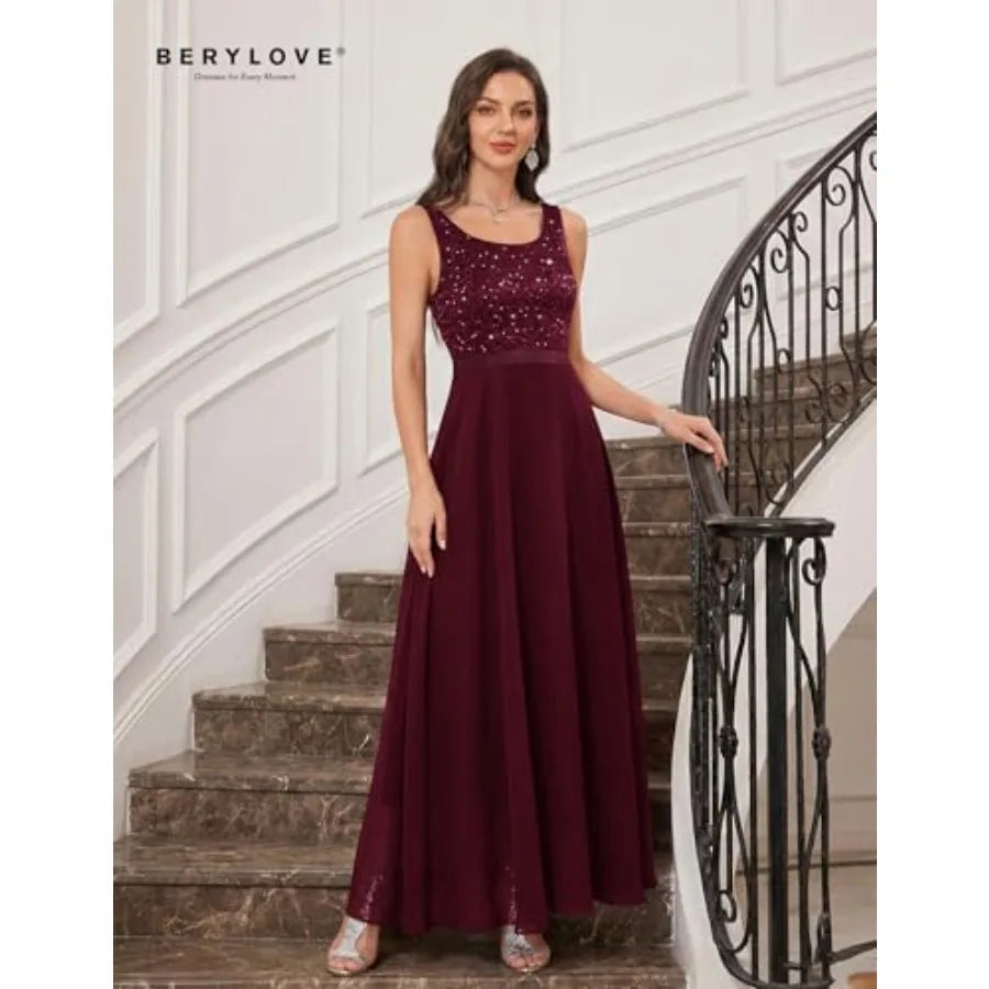 BeryLove Sequin Formal Dress for Woman A Line Lace Prom Dresses Sleeveless Cocktail Maxi Gowns