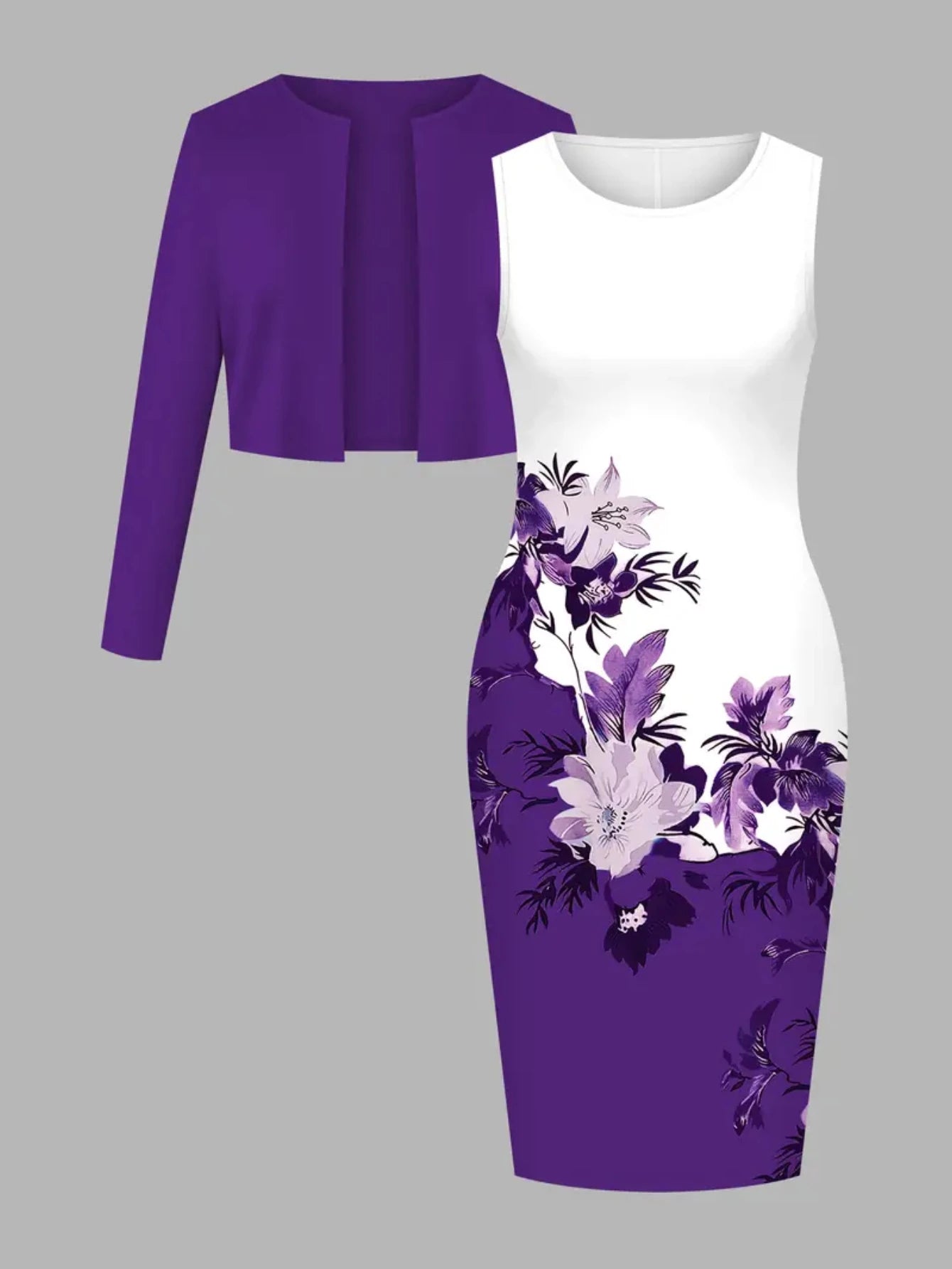 Women's Long Sleeve Open Front Cropped Cardigan Sleeveless Floral Print Midi Dress For Daily Brunch Church Weekend Casual Occasions