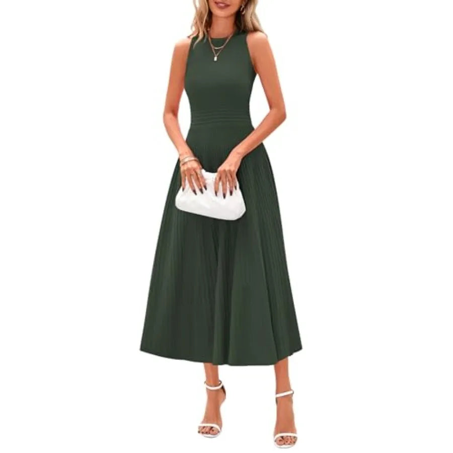 PRETTYGARDEN Spring Casual Dresses for Women 2026 Summer Business Work Midi Sleeveless A Line Pleated Cocktail Dress