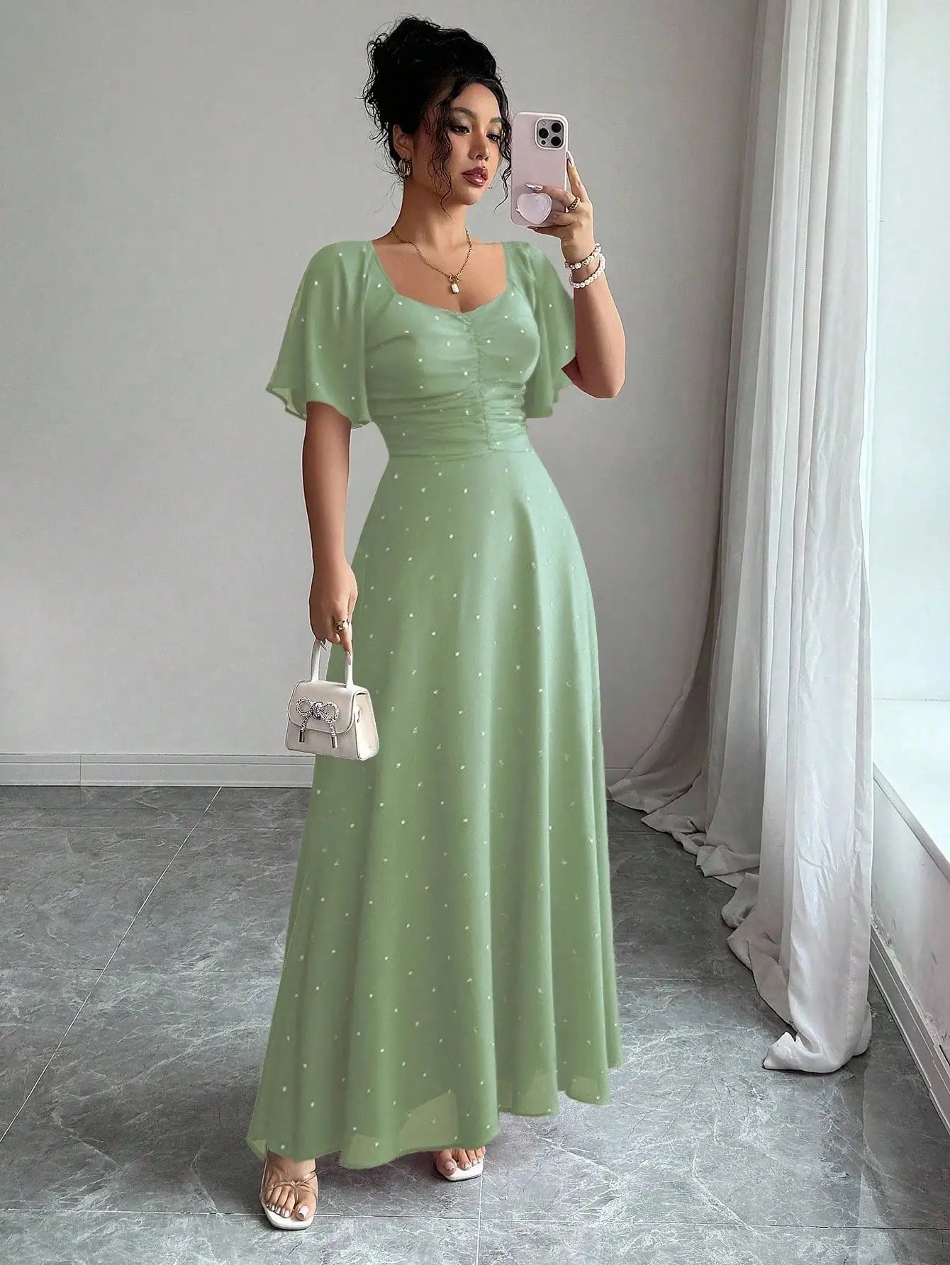 Women's Chiffon Butterfly Print Ruched Square Neck Batwing Sleeve Maxi Dress