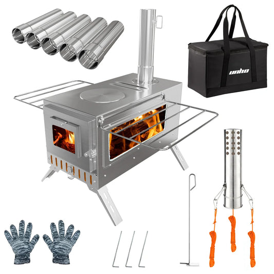 Portable Wood Burning Stove With 6 Stainless Chimney Pipes Outdoors