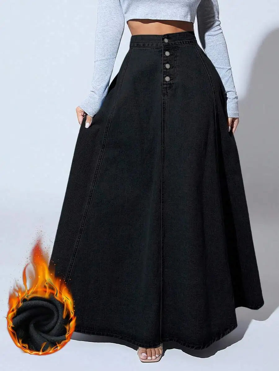 Front Button High-Waisted Denim Maxi Skirt for Women