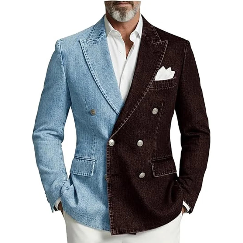 Denim Men's Suit Jacket Double Breasted Peak Lapel Slim Fit Casual Blazer Outing Date Night Trendy Party Fashion Costume Homme