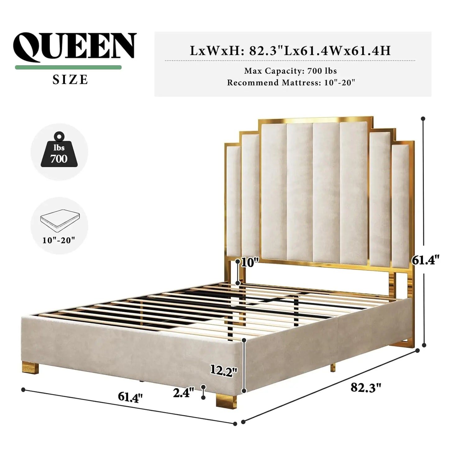 Queen Size Upholstered Bed, Modern Velvet Bed Frame with 61.4” Tall Gold Trim Headboard, No Box Spring Needed, Cream, Customized