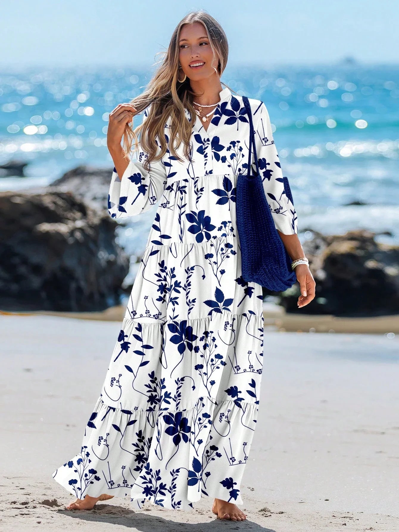 Women's Blue White Floral V-Neck Pleated Long Sleeve Maxi Dress Beach Vacation Summer