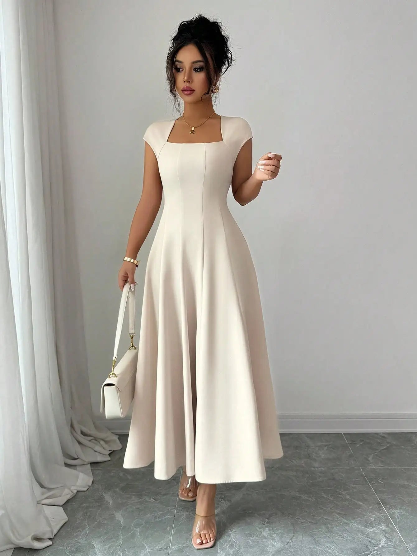 Elegant Solid Color Square Neck Short Sleeve A-Line Midi Dress For Women