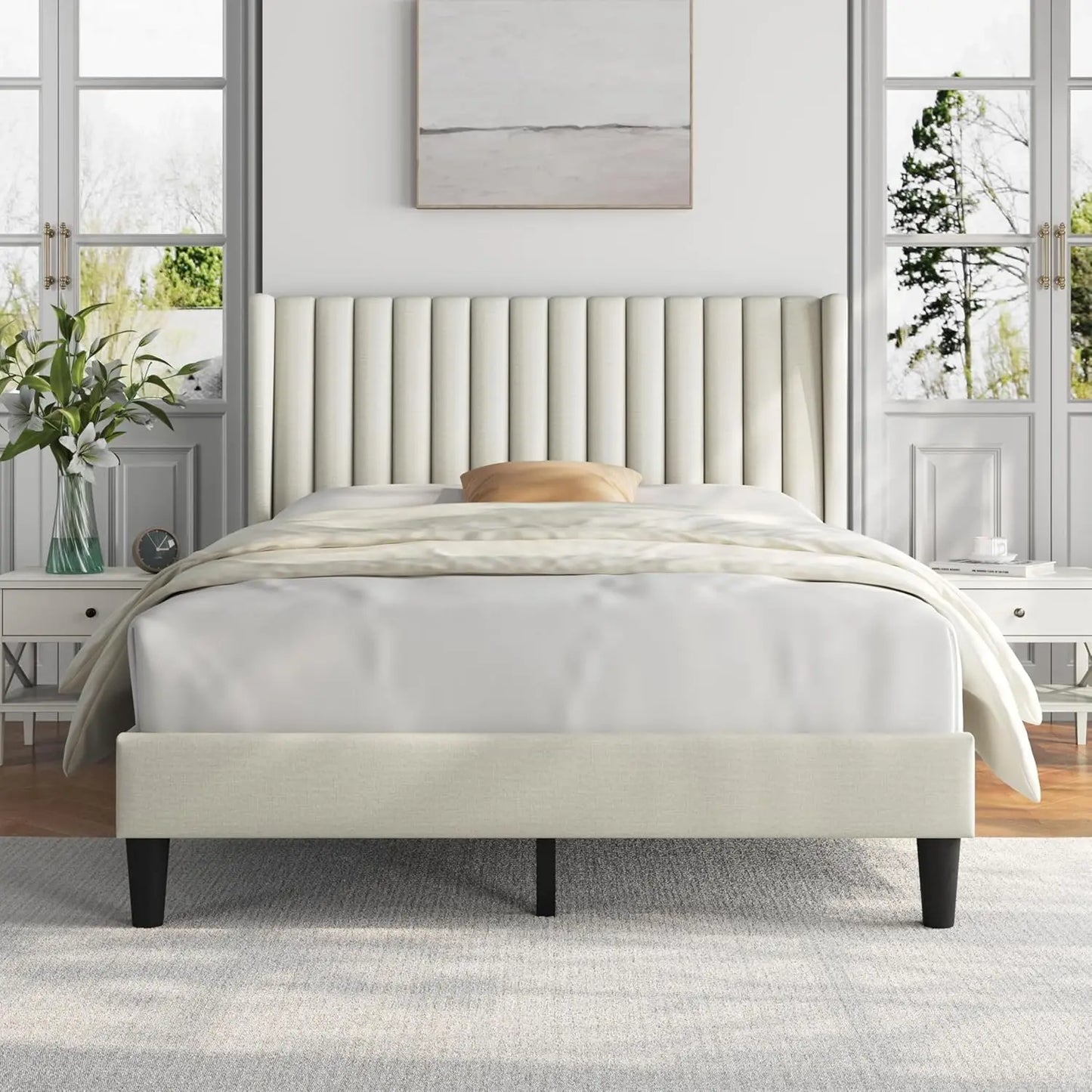 Full Bed Frame Upholstered Platform Bed with Fabric Headboard, Wing Edge Design/Non-Slip and Noise-Free/Wooden, Customized