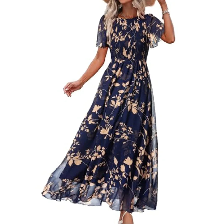 Simplee Womens Casual Floral Summer Maxi Dress 2026 Boho Flowy Short Sleeve Crew Neck Vacation Smocked Chiffon Dresses