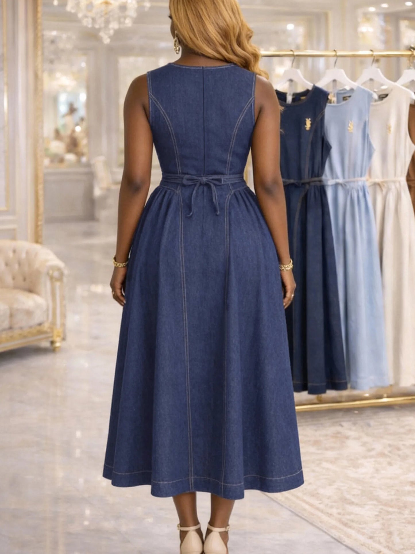 Plus Size Round Neck Sleeveless Midi Flare Dress For Women Wedding Guest Brunch Daily Elegant Party Occasions