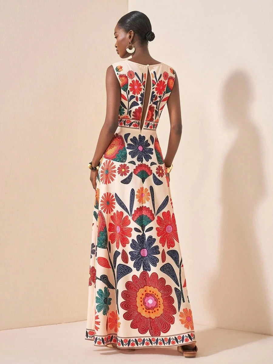 Women Floral Embroidery Maxi Dress Sleeveless Round Neck A-Line Long Dress Summer Beach Wedding Guest Holiday Party Dresses