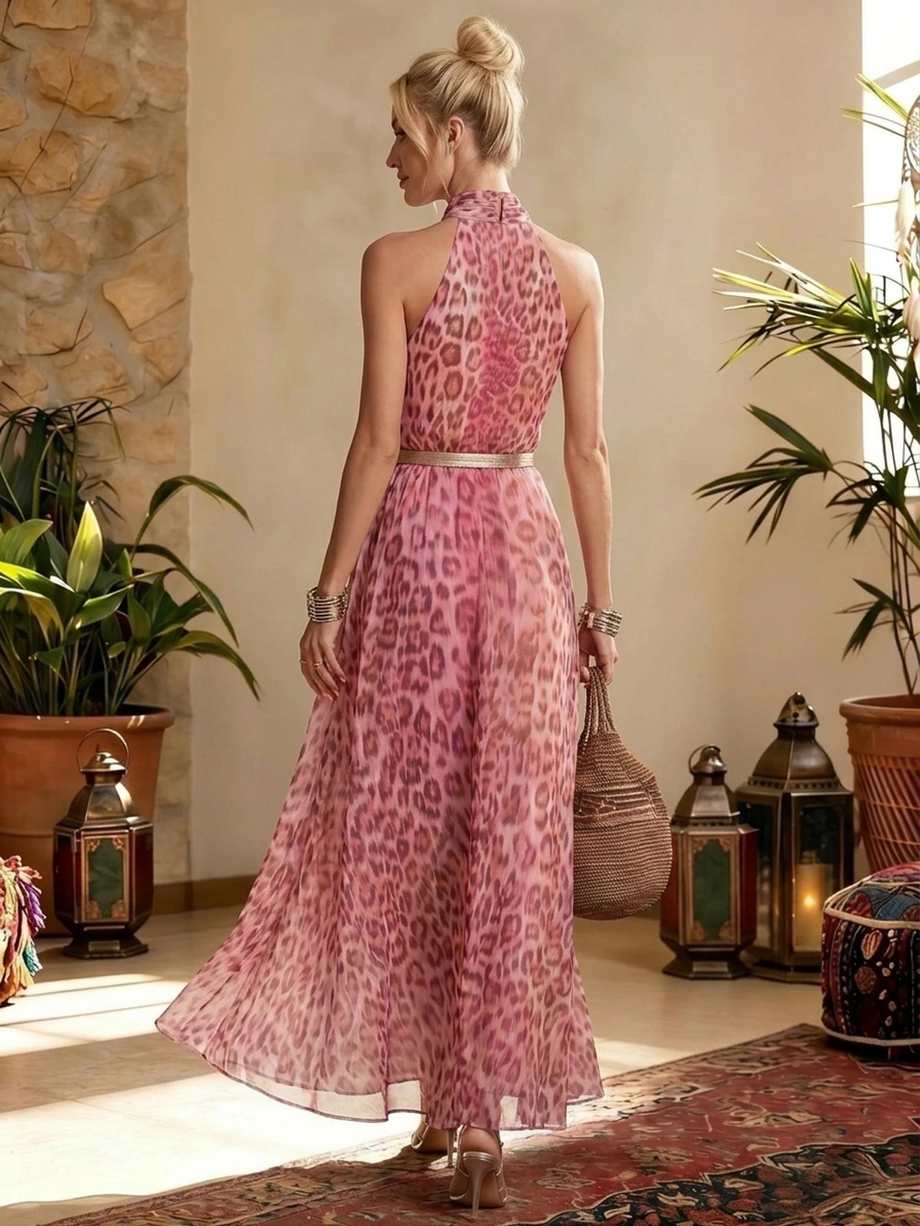Women's Halter Sleeveless Leopard Print Flowy Maxi Dress For Travel Vacation Outdoor Weekend Casual Fashion Occasions