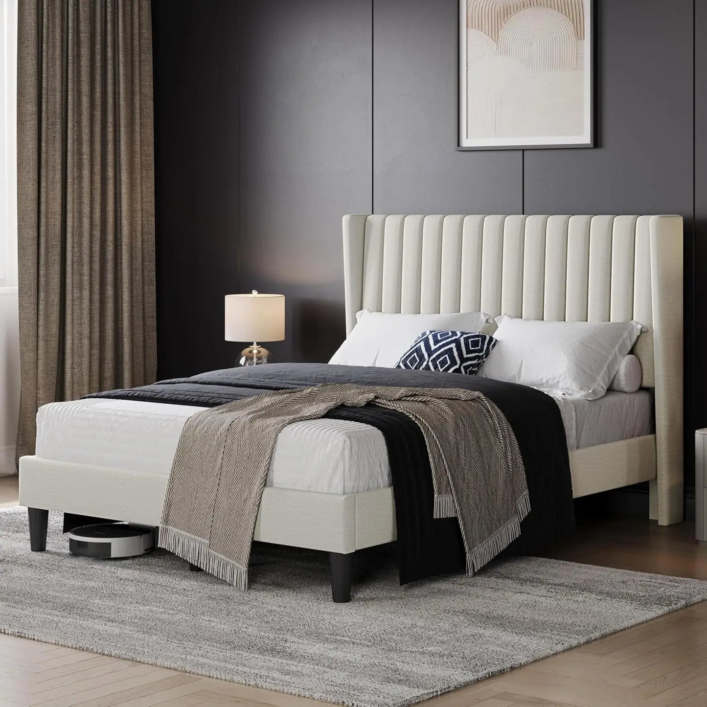 Full Bed Frame Upholstered Platform Bed with Fabric Headboard, Wing Edge Design/Non-Slip and Noise-Free/Wooden, Customized