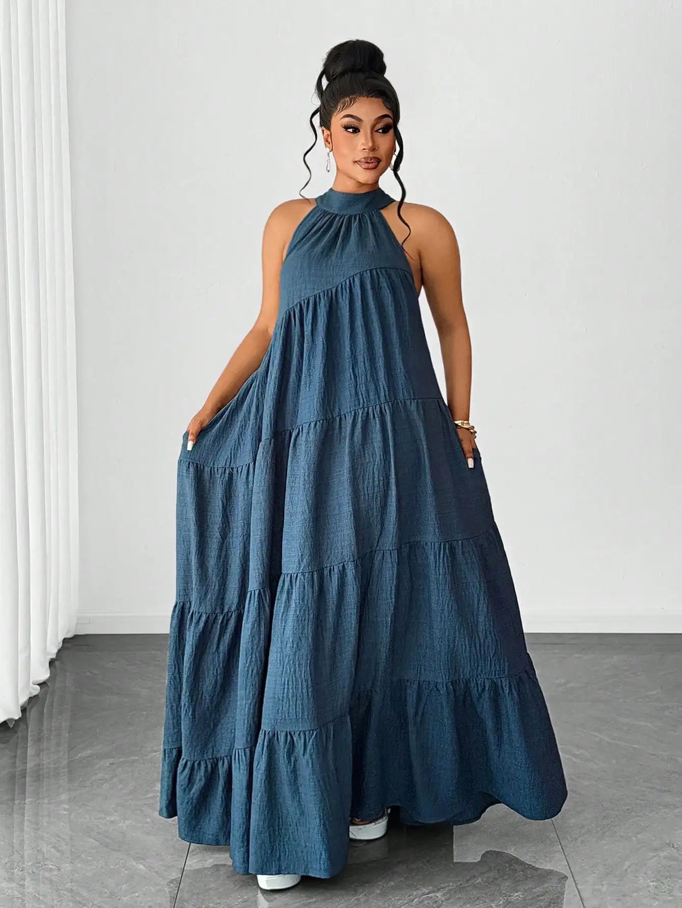 Plus Size Solid Color Halter Neck Tiered Ruched Casual Maxi Dress